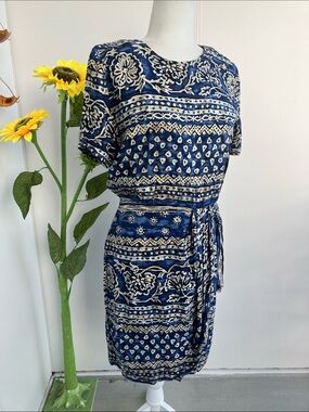 Vintage 90s Blue & Tan Abstract Floral & Geometric Faux Wrap Sheath Dress